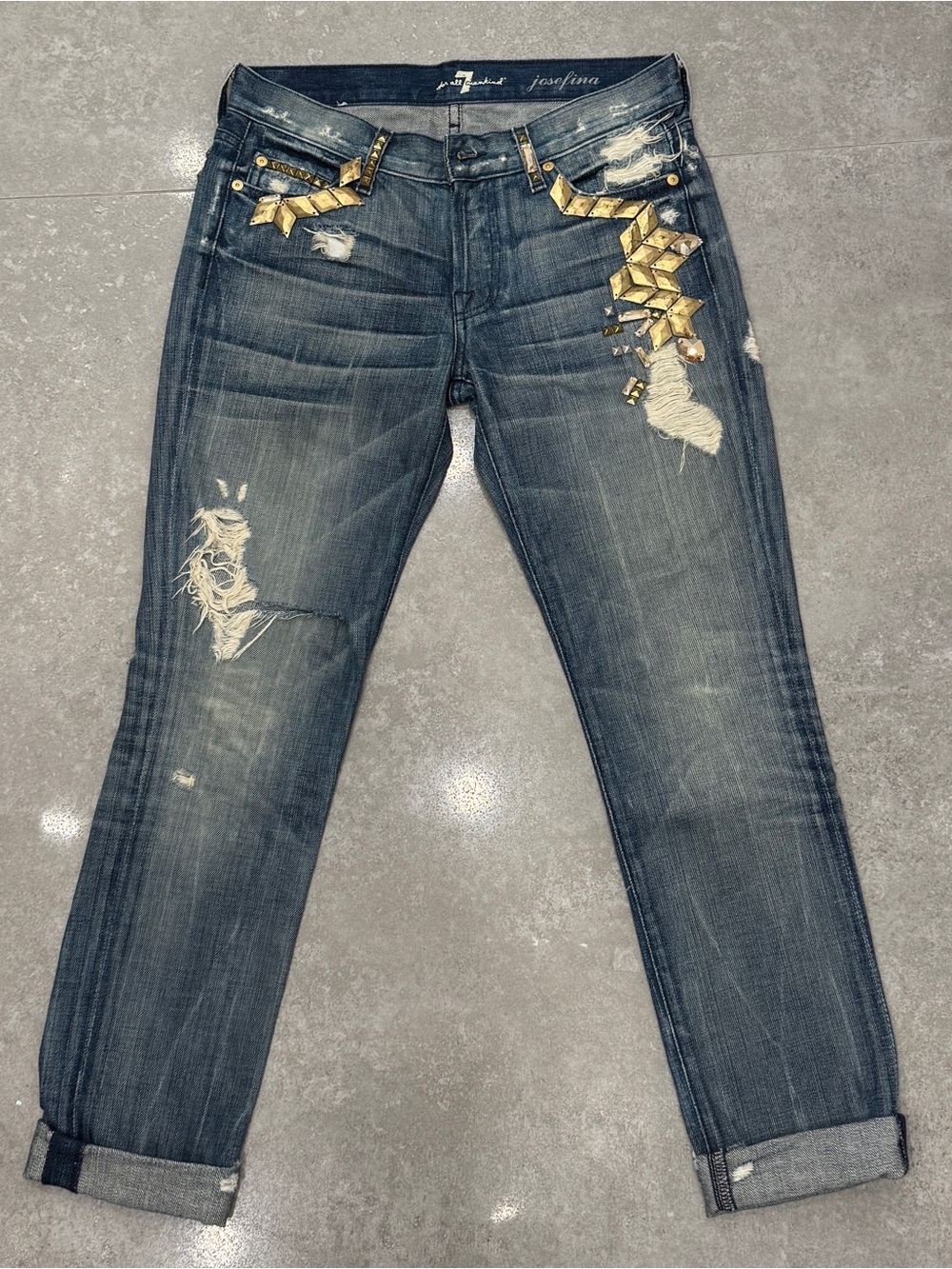 7 For All Mankind Dark Blue Distressed Boyfriend Jeans with Gold Studs